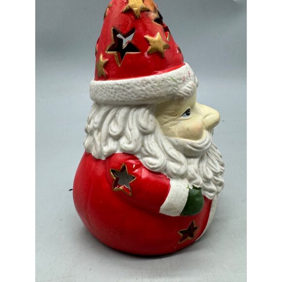 Hand-Painted Ceramic Santa Claus Candle Holder With Star Cutouts 6.5" red READ - Picture 3 of 9